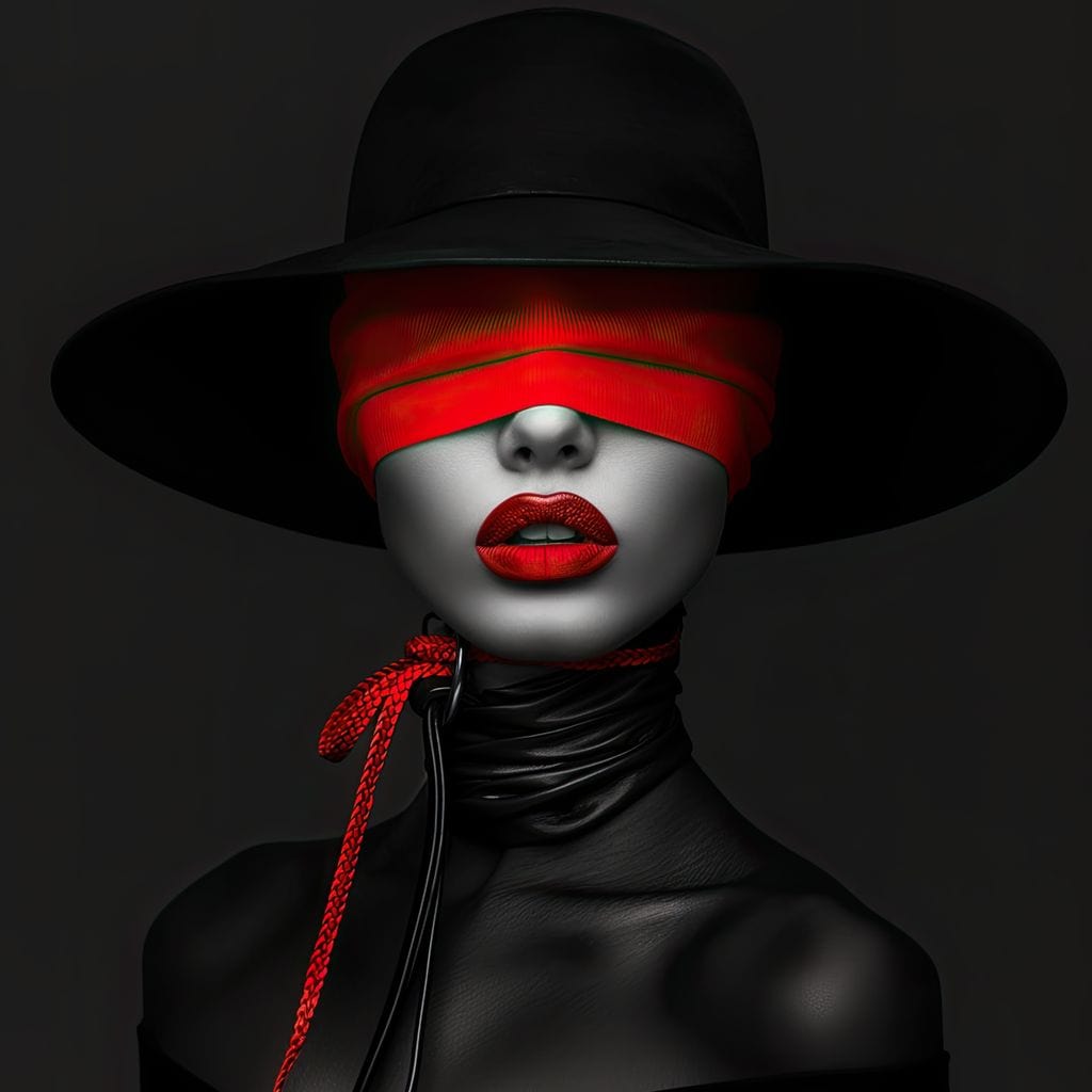 Tablou Canvas Premium, LuxCanva® G1212, Puterea Nevazuta, Noir, Infern, Voal, Mister, Eclipsa, Obscur, Rosu, Palarie, Nevazut, Buze, Doamna, Enigma, Pasiune, Tacere, Salon, Birou, Living, Dormitor