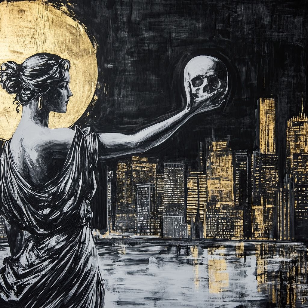 Tablou Canvas Premium, LuxCanva® G1119, Orasul si Tacerea, Craniu, City, Apus, Dialog, Eternitate, Destin, Viitor, Luna, Abstract, Living, Dormitor