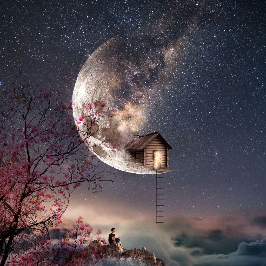 Tablou Canvas Premium, LuxCanva® K1016, Casa de pe Luna, Astru, Noapte, Instelata, Scari, Cer, Stele, Vise, Nocturn, Peisaj, Poveste, Cosmos, Magie, Taram, Senin, Camera Copii