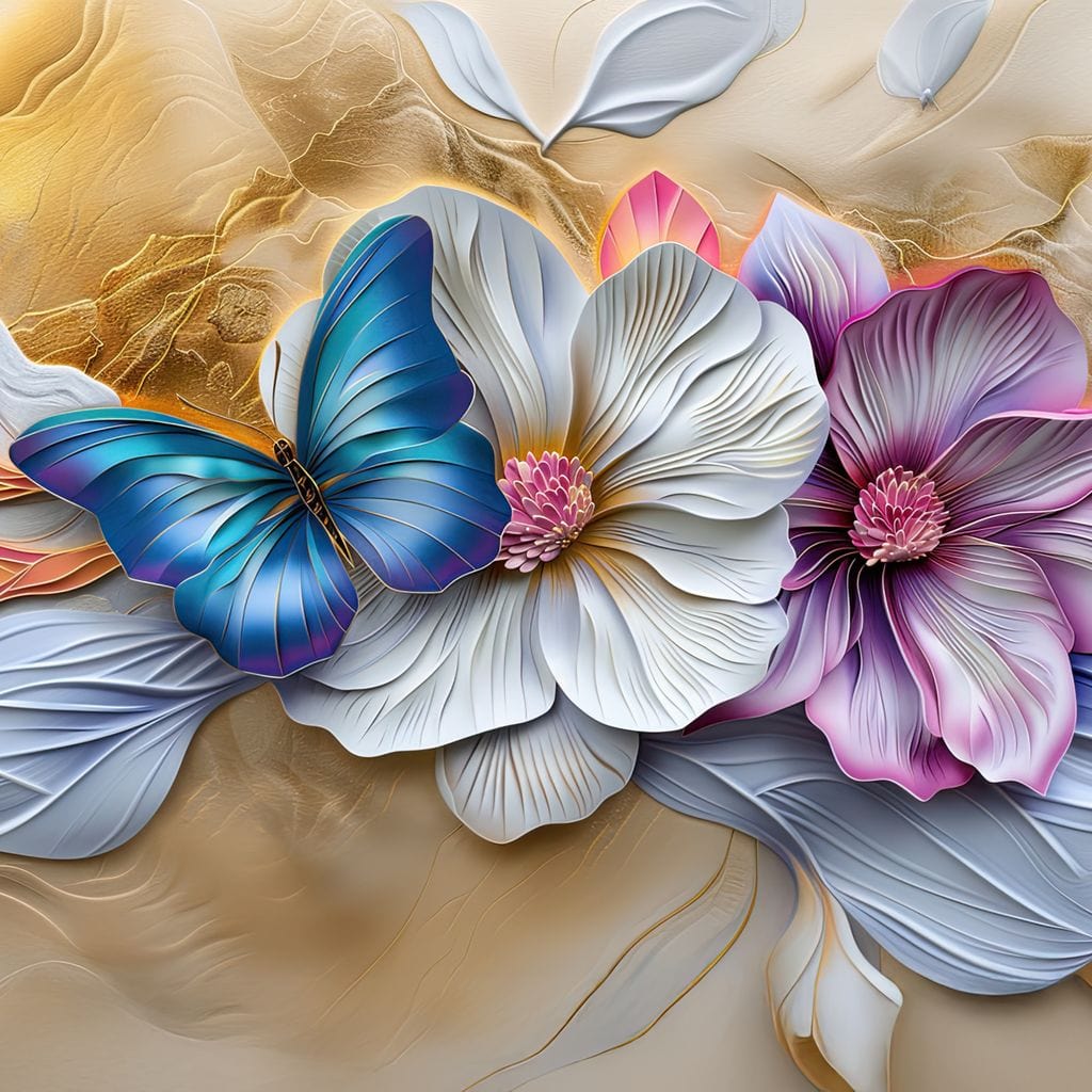 tablou canvas cu un fluture albastru printre flori mari pastelate in nuante de alb si mov, pe fundal bej abstract si sidefat