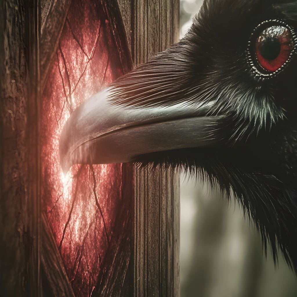 tablou canvas cu un corb negru cu ochii rosii privind intr-o fereastra luminoasa in lemn, surprins intr-un cadru misterios si magic