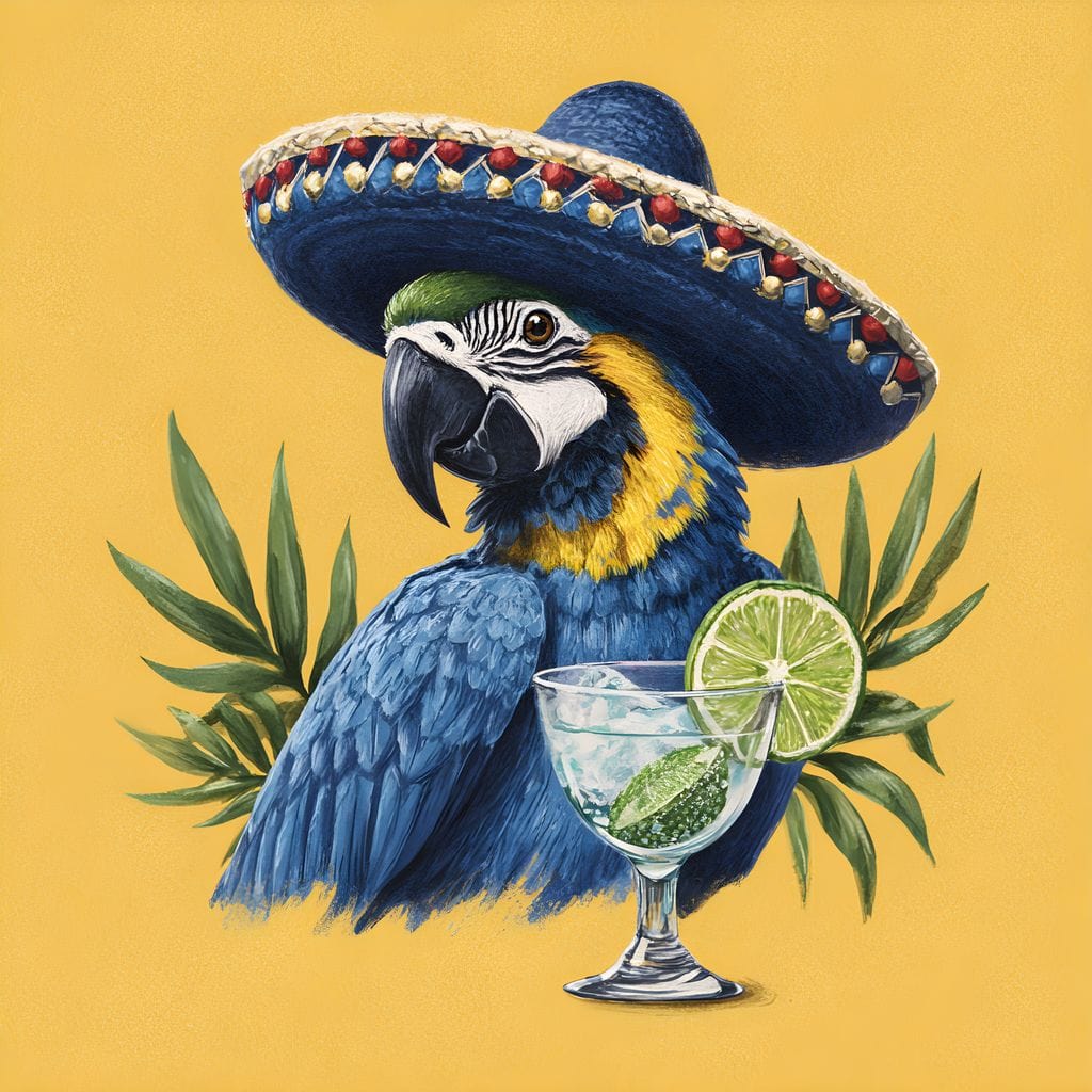 tablou canvas cu un papagal exotic cu o palarie sombrero si un pahar de  cocktail mojito cu o felie de lime pe fundal galben pastelat