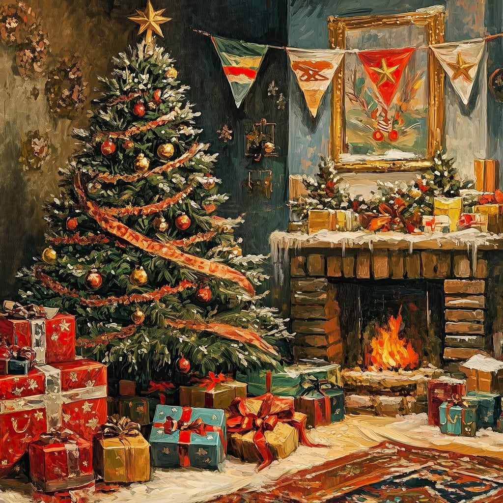 Tablou Canvas Premium LuxCanva® D1019, Noaptea de Ajun ,  Brad, Beculete, Semineu, Foc, Daruri, Living Room, Culori vibrante