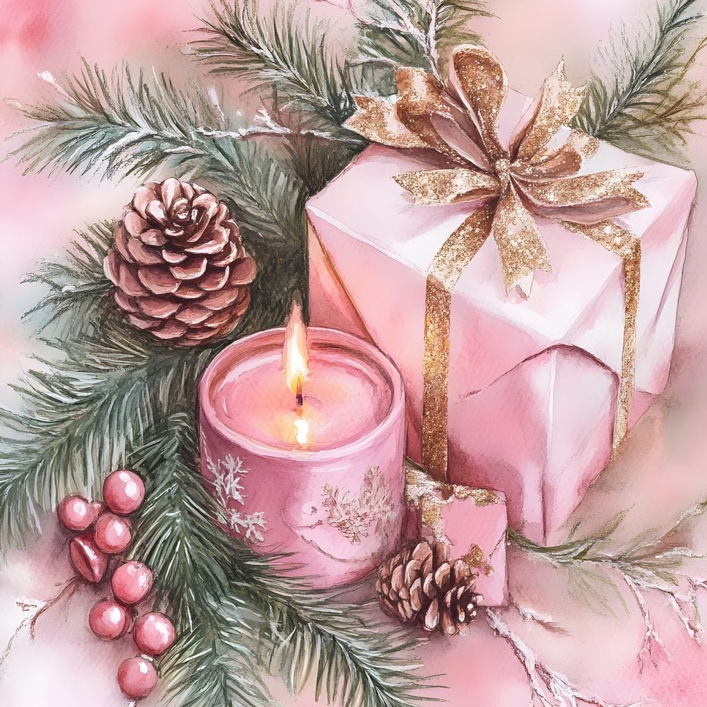 Tablou Canvas Premium, LuxCanva® D1077, Freamat de Sarbatoare, Daruri, Roz, Simboluri, Traditional, Farmec, Con, Brad, Ramuri, Lumanare, Aprinsa, Funda, Auriu, Masa, Camera Copil, Living, Dormitor