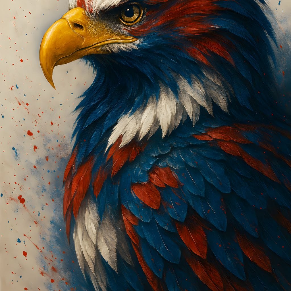 tablou canvas cu un vultur colorat in nuante de rosu, albastru si alb