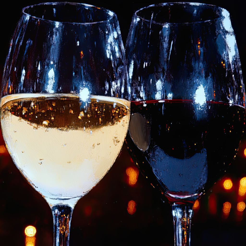 tablou canvas cu un pahar cu vin rosu si un pahar cu vin alb in toast, pe un fundal intunecat cu lumini calde