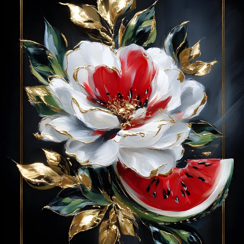 tablou canvas cu o floare alba, o felie de pepene verde si frunze aurii pe fundal negru cu accente aurii