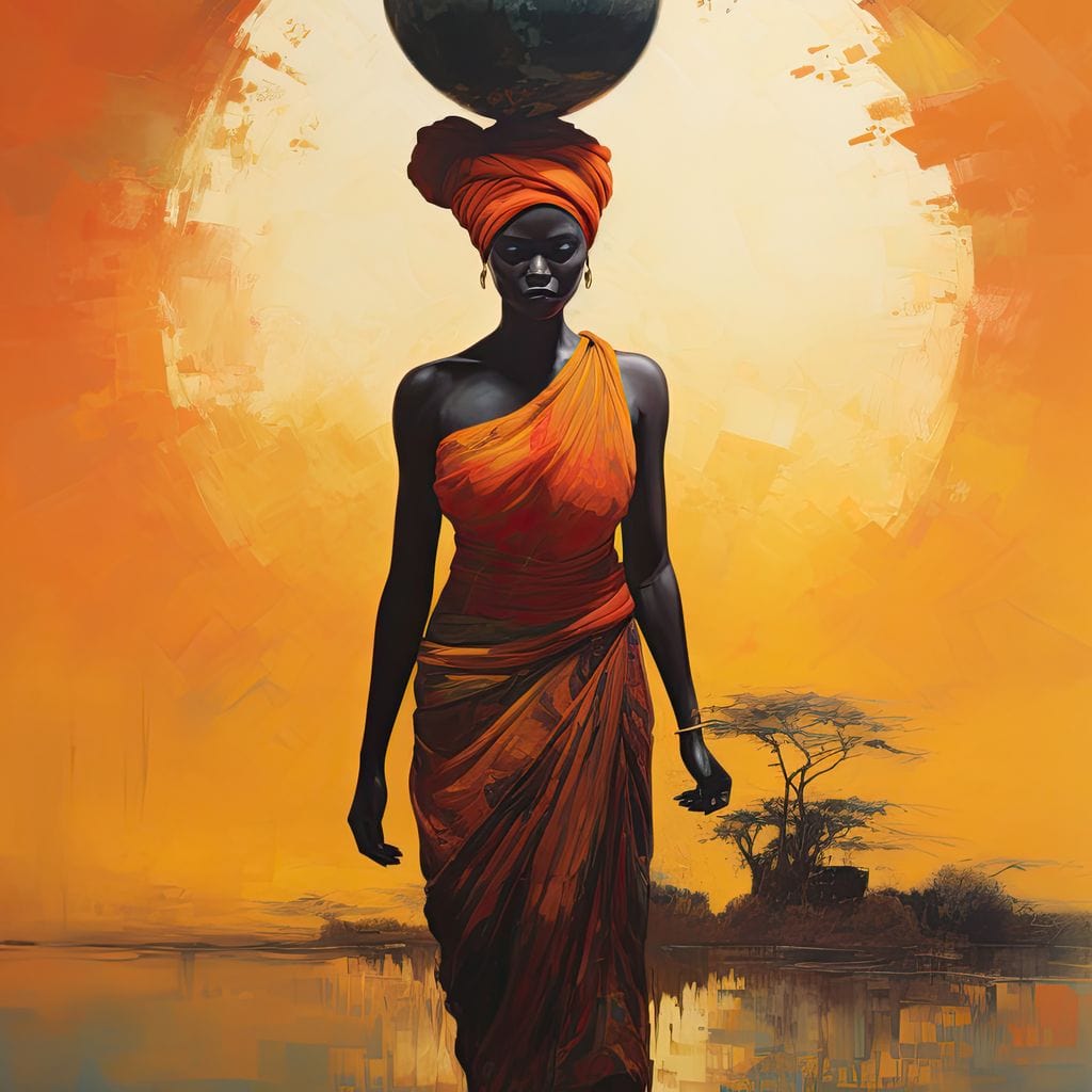 Tablou Canvas Premium LuxCanva® G1064, Sub Soarele Africii , Gratie, Forta, Drum, Apus, Silueta, Putere, Femeie, Portocaliu, Living, Dormitor