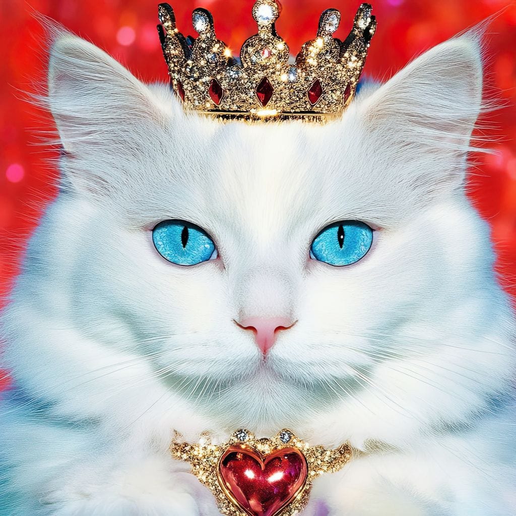tablou canvas cu o pisica alba cu ochi albastri, incoronata si cu o zgarda tip bijuterie, pe fundal rosu stralucitor