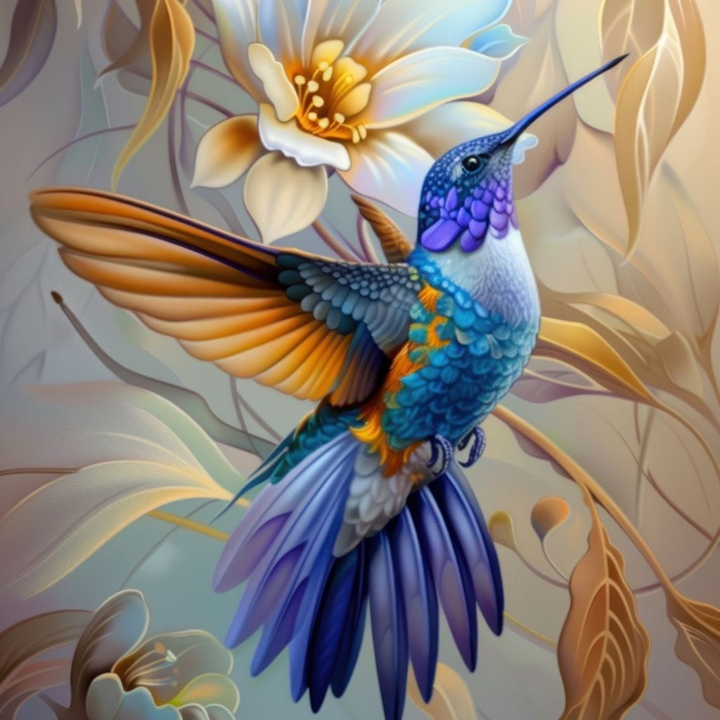 tablou canvas cu o pasare colibri multicolora in zbor langa o floare alba  deschisa