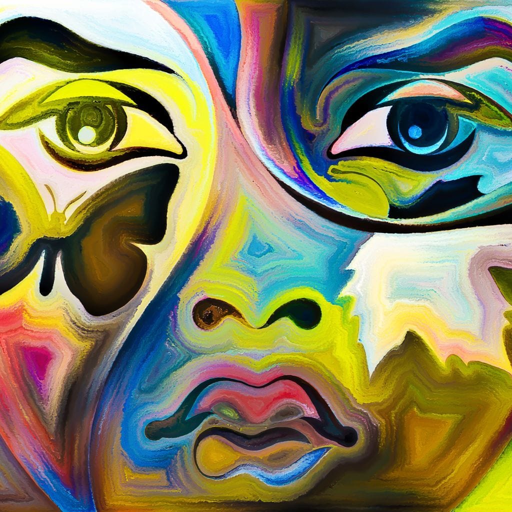 tablou canvas cu un portret reprezentand un chip de copil si un fluture integrat armonios in conturul fetei, redat in stil abstract si multicolor