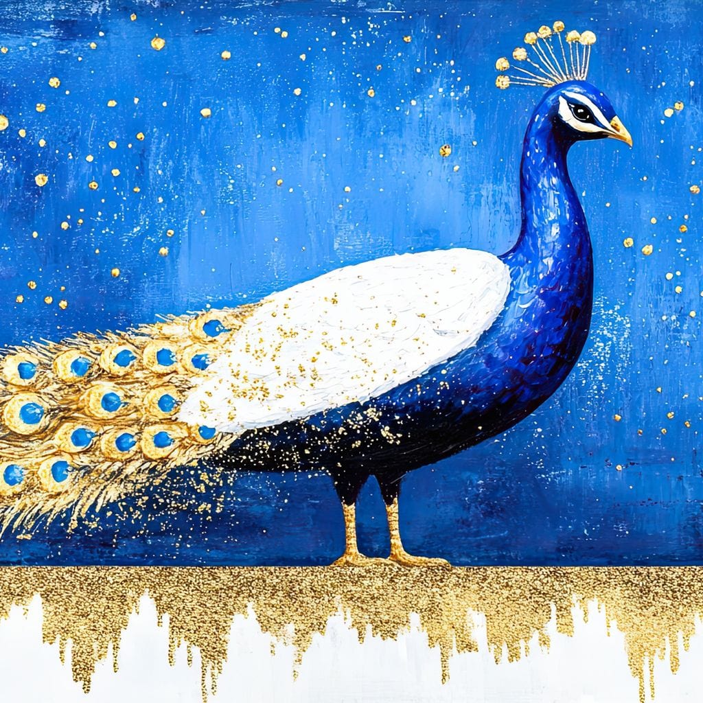 tablou canvas cu un paun elegant cu penaj auriu, pe fundal albastru inchis cu accente aurii