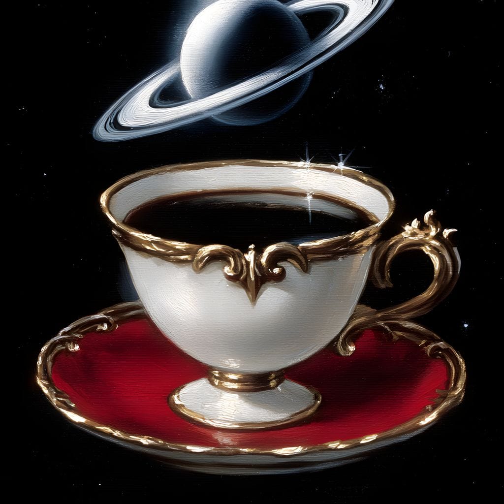 tablou canvas cu o ceasca cu cafea alba cu auriu, pe o farfurie rosie, pe fundal negru instelat si planeta Saturn