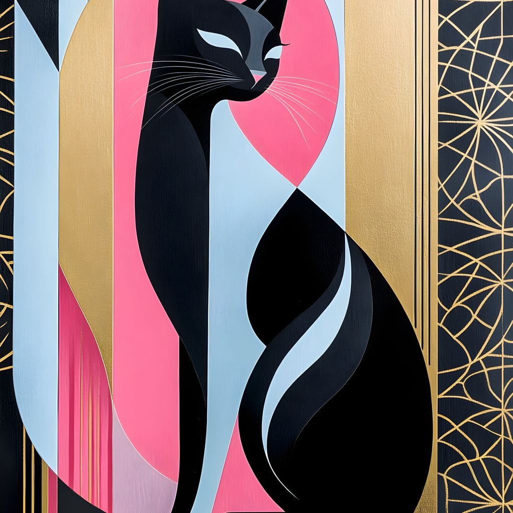 tablou canvas cu silueta unei pisici redata abstract si elegant in linii multicolore, pe fundal cu forme geometrice colorate