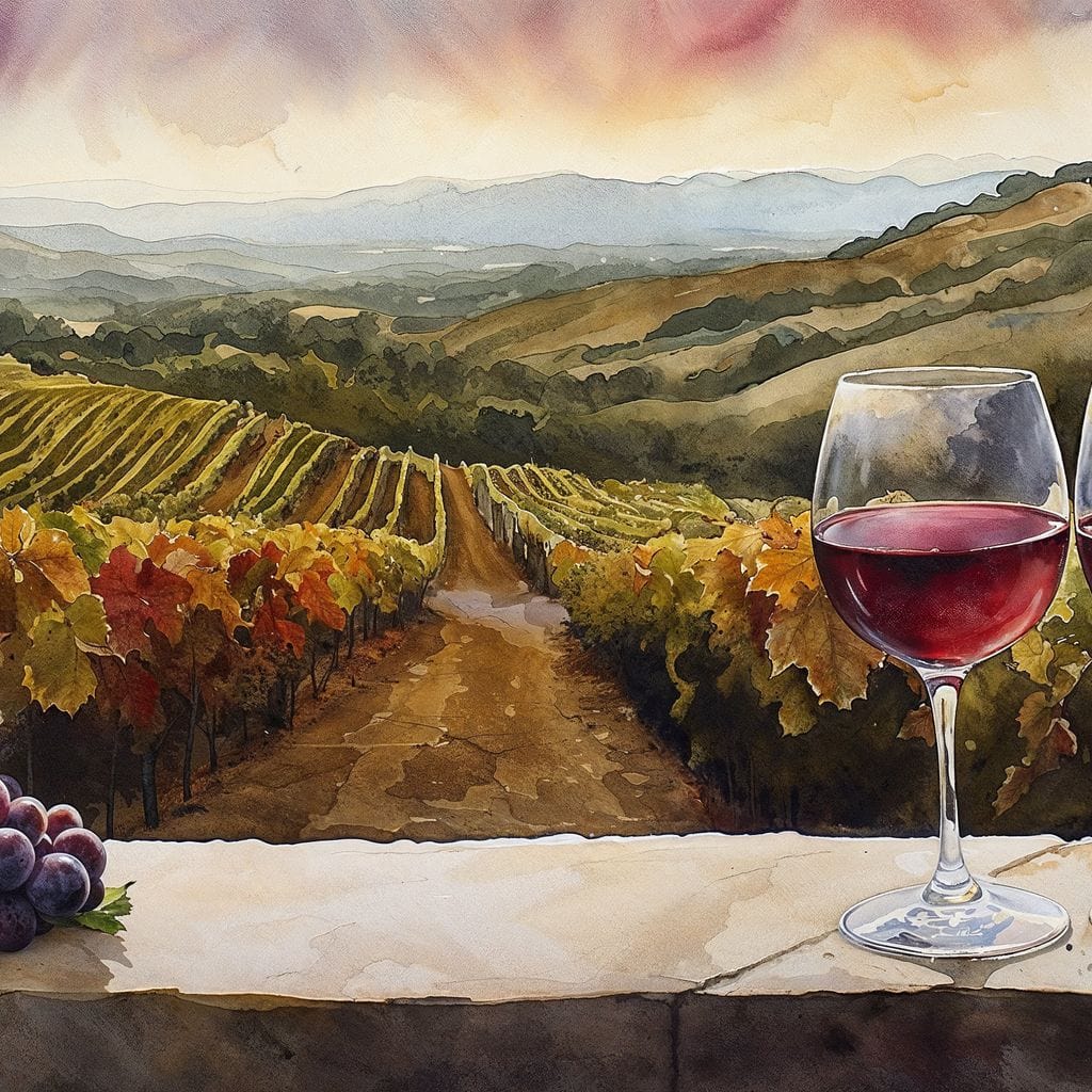 tablou canvas cu doua pahare de vin rosu si un ciorchine de struguri rosii, pe fundal cu vita de vie si peisaj rustic