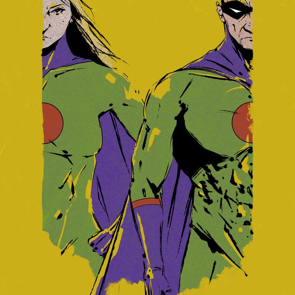 Tablou Canvas Premium, LuxCanva® K1013, Eroii Din Povesti, Duo, Misiune, Curaj, Gardieni, Galaxie, Eroi, Fantastici, Scut, Galben, Supereroi, Benzi, Desenate, Camera Copii