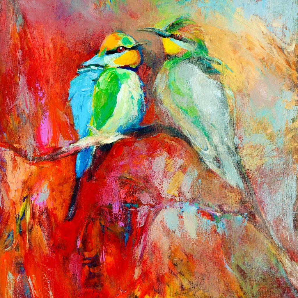 tablou canvas cu doua pasari colorate pe o creanga pe fundal stil pictura in acuarela