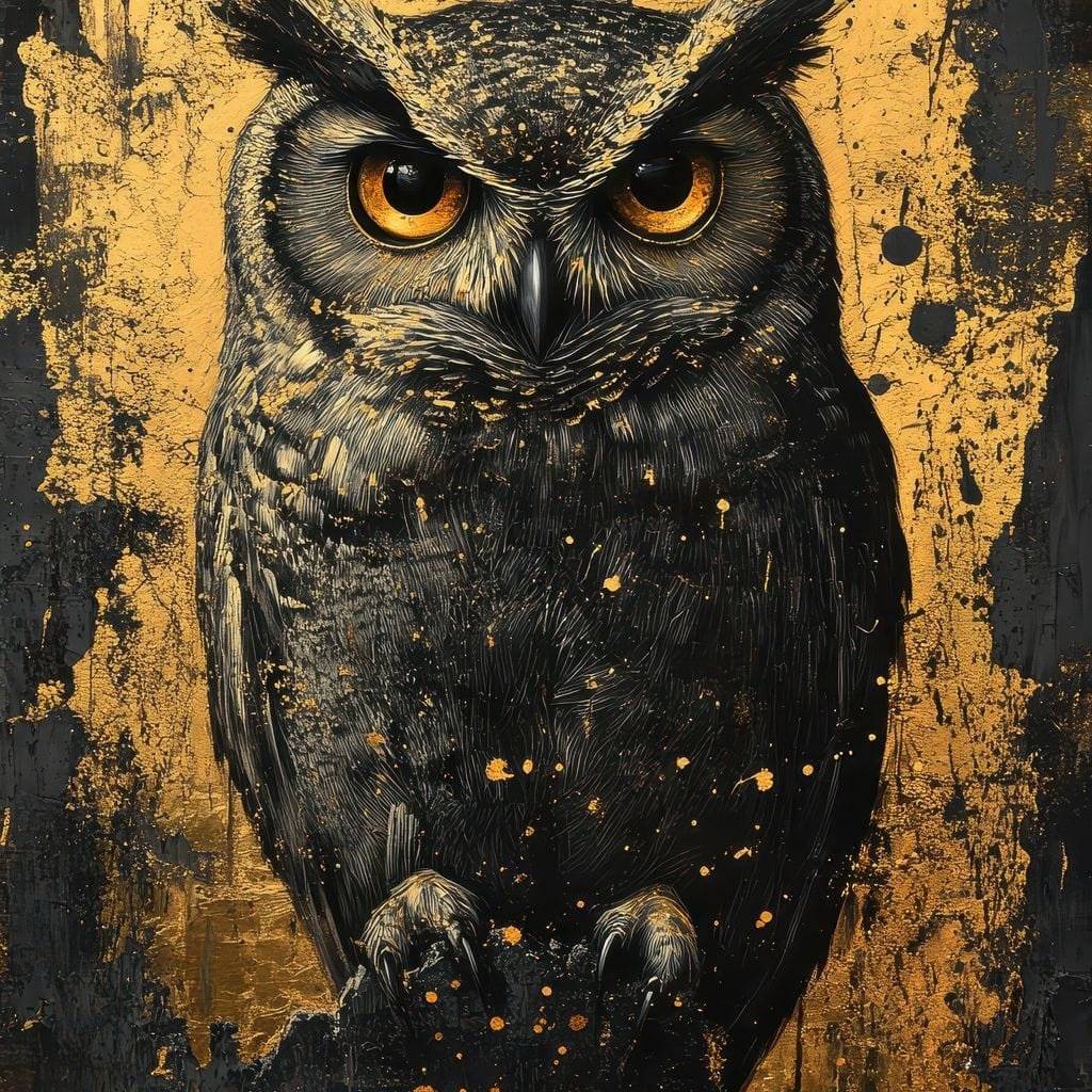 tablou canvas cu o bufnita enigmatica pe fundal texturat auriu si negru