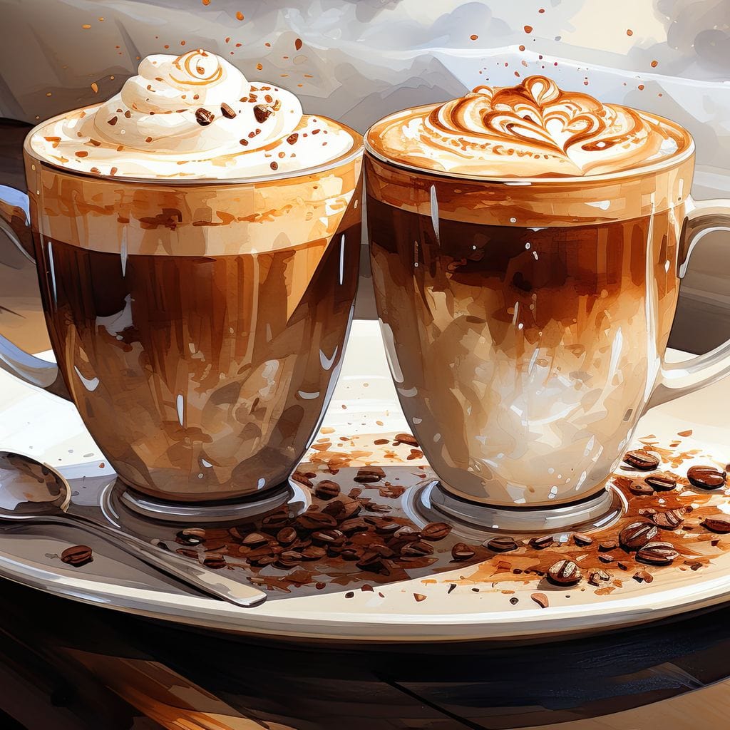 tablou canvas cu doua cesti cu cafea cu frisca si spuma, pe o farfurie cu boabe de cafea, intr-un peisaj rustic cu masa de lemn