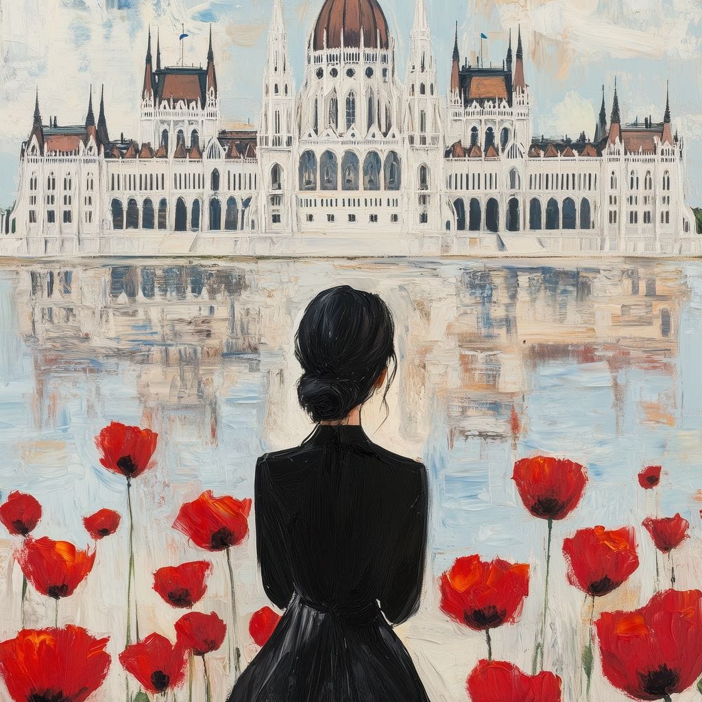 Tablou Canvas Premium, LuxCanva® G1120, Vis la Budapesta, Maci, Flori, Palat, Oras, Dunare, Rosu, Visare, Tacere, Femeie, Living, Dormitor