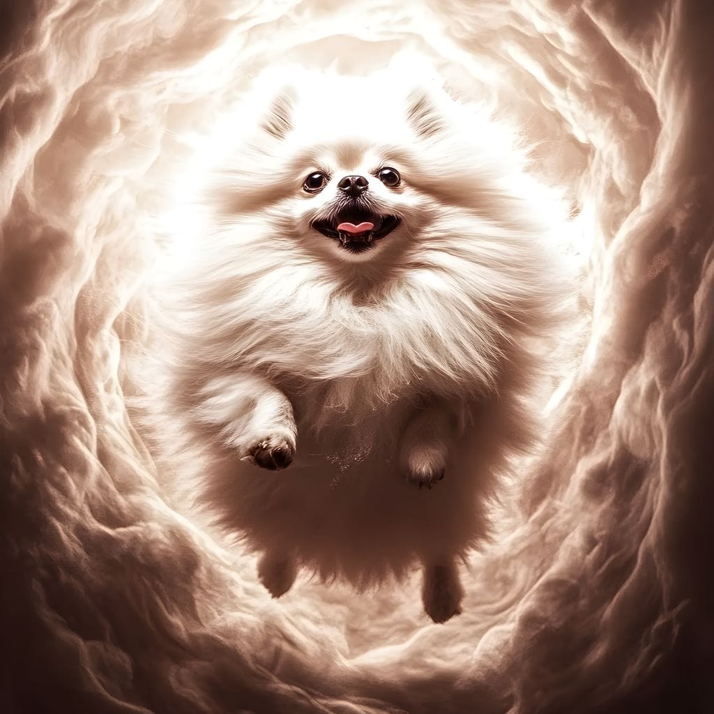 tablou canvas cu un caine pomeranian alb in saritura printr-un vortex eteric de lumina si texturi vaporoase