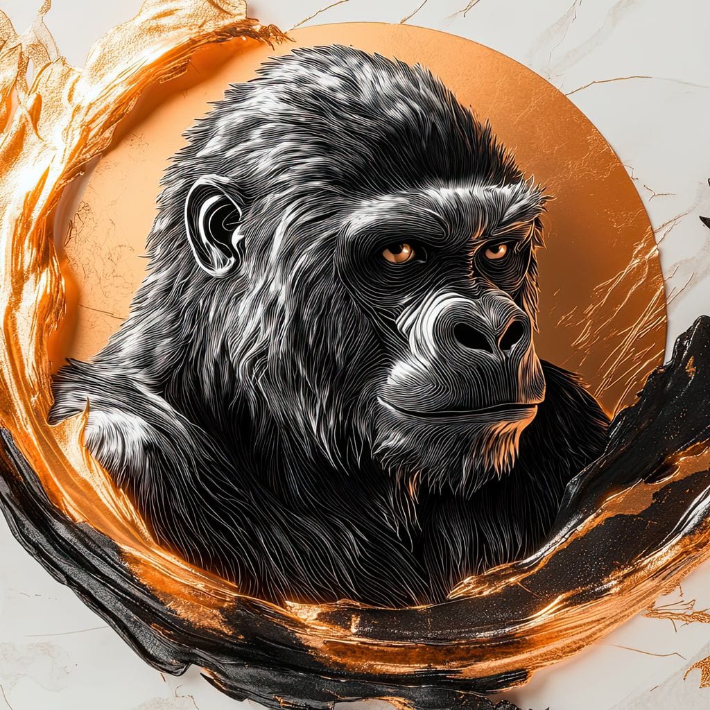 tablou canvas cu o gorila redata artistic intr-un foc lichid portocaliu si negru, in stil marmura