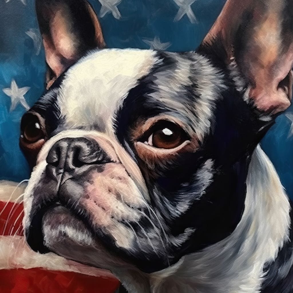 tablou canvas cu un caine boston terrier surprins din profil, pe fundal pictat cu steagul Americii 