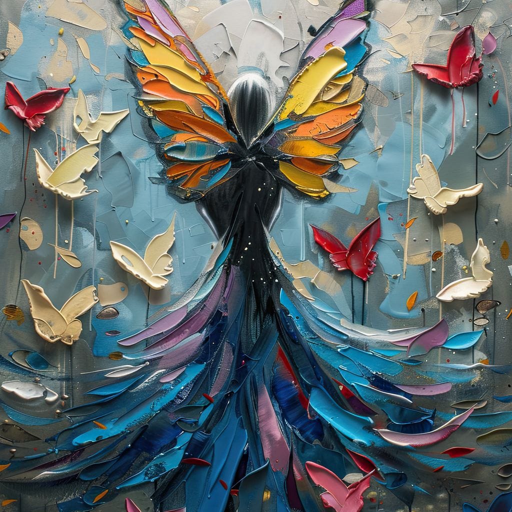 tablou canvas cu silueta unei fete cu aripi de fluture in nuante de galben, portocaliu si albastru inconjurata de multi fluturi, pe fundal stil pictura