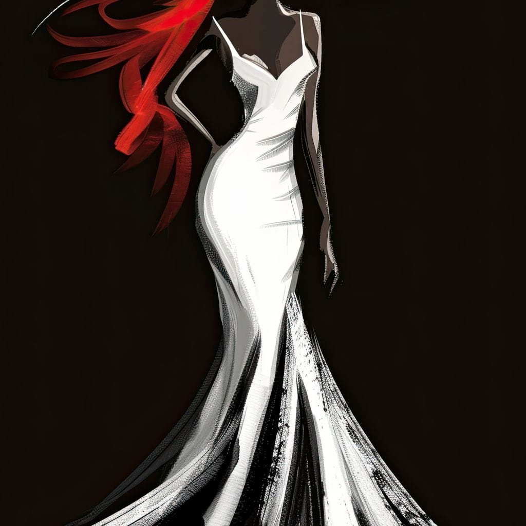 Tablou Canvas Premium LuxCanva® G1031, O Diva in Rochie Alba , Silueta, Palarie, Rochie, Sirena, Podium, Moda, Stil, Living, Dormitor, Culori vibrante