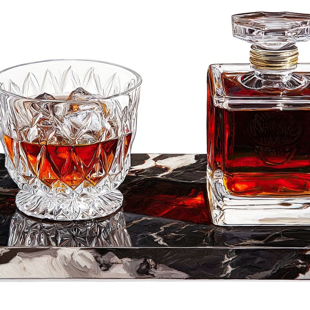 tablou canvas cu o sticla si un pahar de whisky cu gheata, pe o masa neagra de marmura, pe fundal deschis