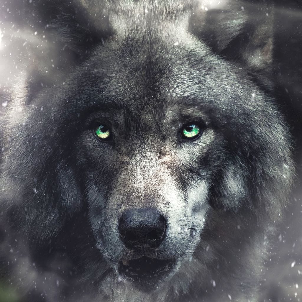 tablou canvas cu un lup cu ochi verzi patrunzatori, surprins la vanatoare intr-un peisaj cu ceata