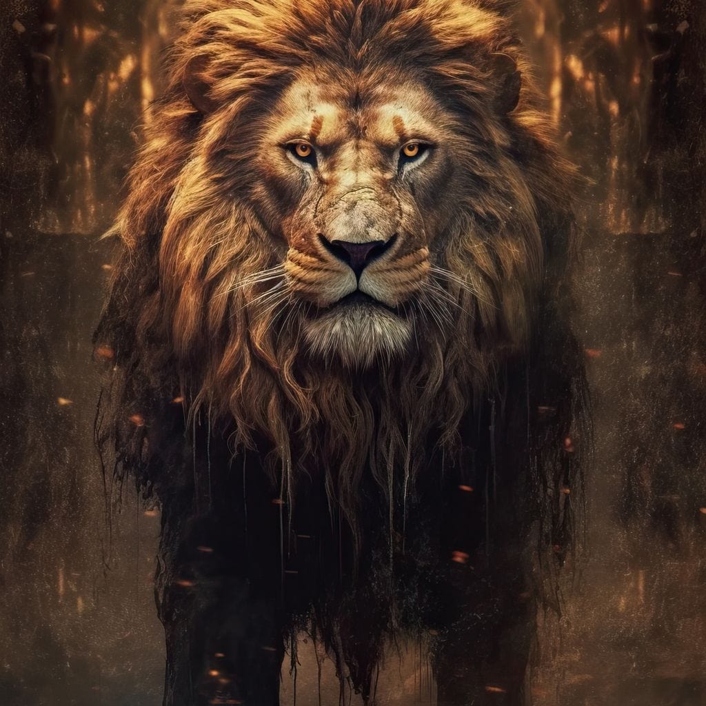 tablou canvas cu un leu impunator, redat in tonuri aurii si lumini dramatice