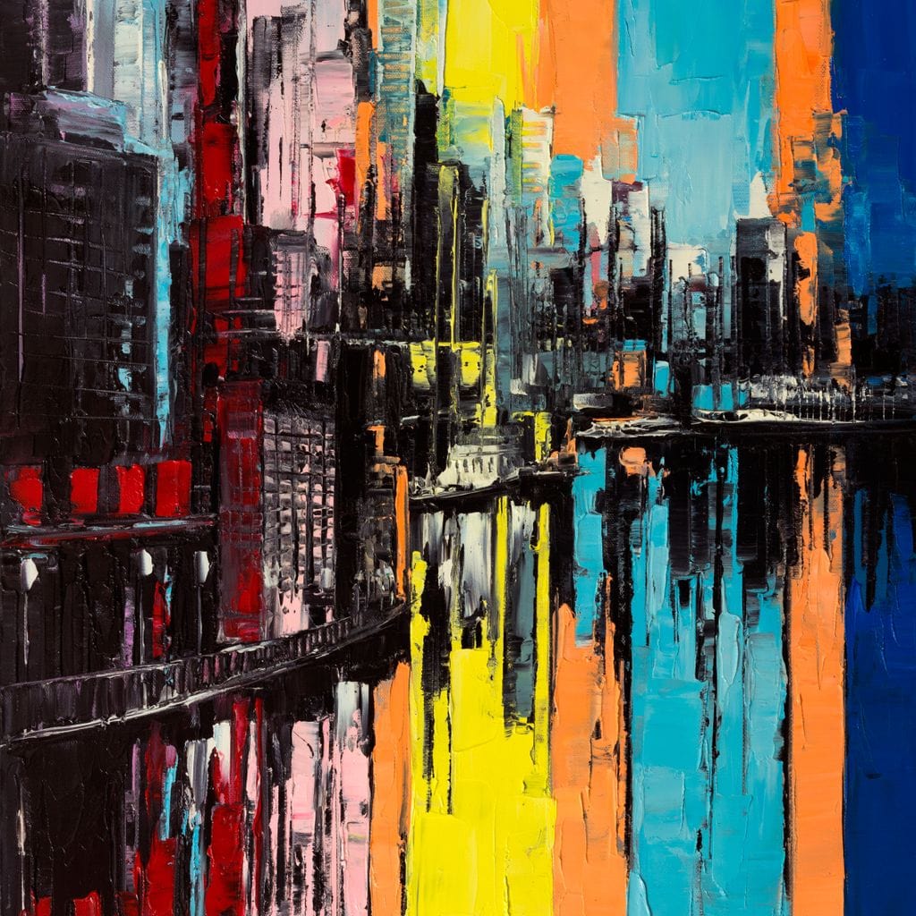 Tablou Canvas Premium, LuxCanva® O1028, Orasul Curcubeu,  Culoare, Reflexie, Urban, Noapte, Cladiri, Metropola, Abstract, Modernitate, Intensitate, Puls, Dinamism, Stralucire, Birou, Living, Dormitor