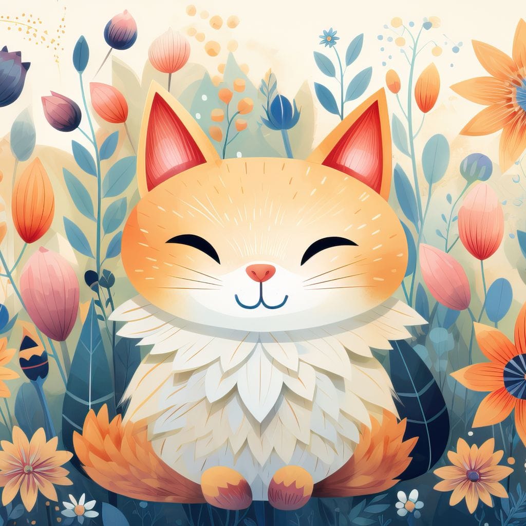 Tablou Canvas Premium, LuxCanva® K1010, Pisicuta Zen,  Gradina, Fermecata, Zambet, Flori, Felina, Fericire, Vise, Taram, Calm, Pisicuta, Blandete, Copilarie, Camera Copii