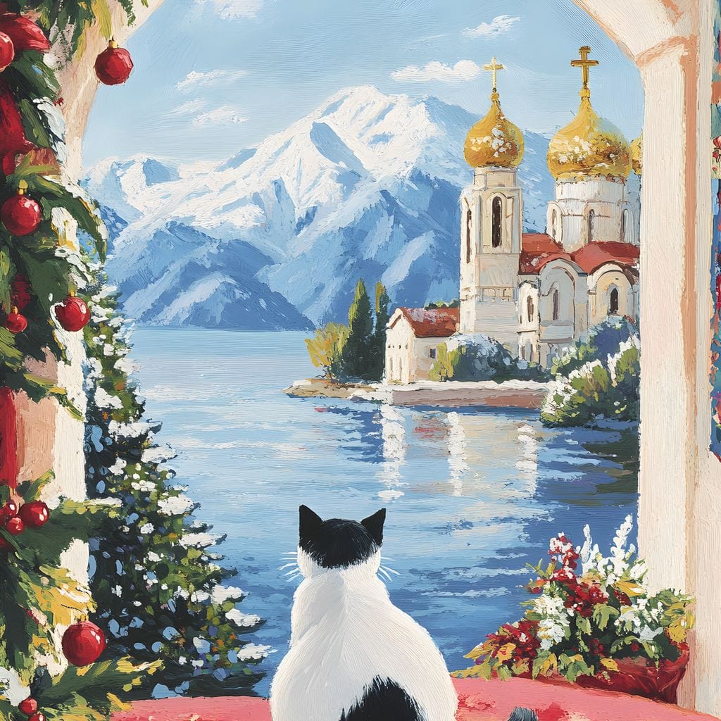 tablou canvas cu o pisica in alb si negru, inconjurata de ornamente de Craciun, privind catre o Biserica dincolo de apa, pe fundal montan