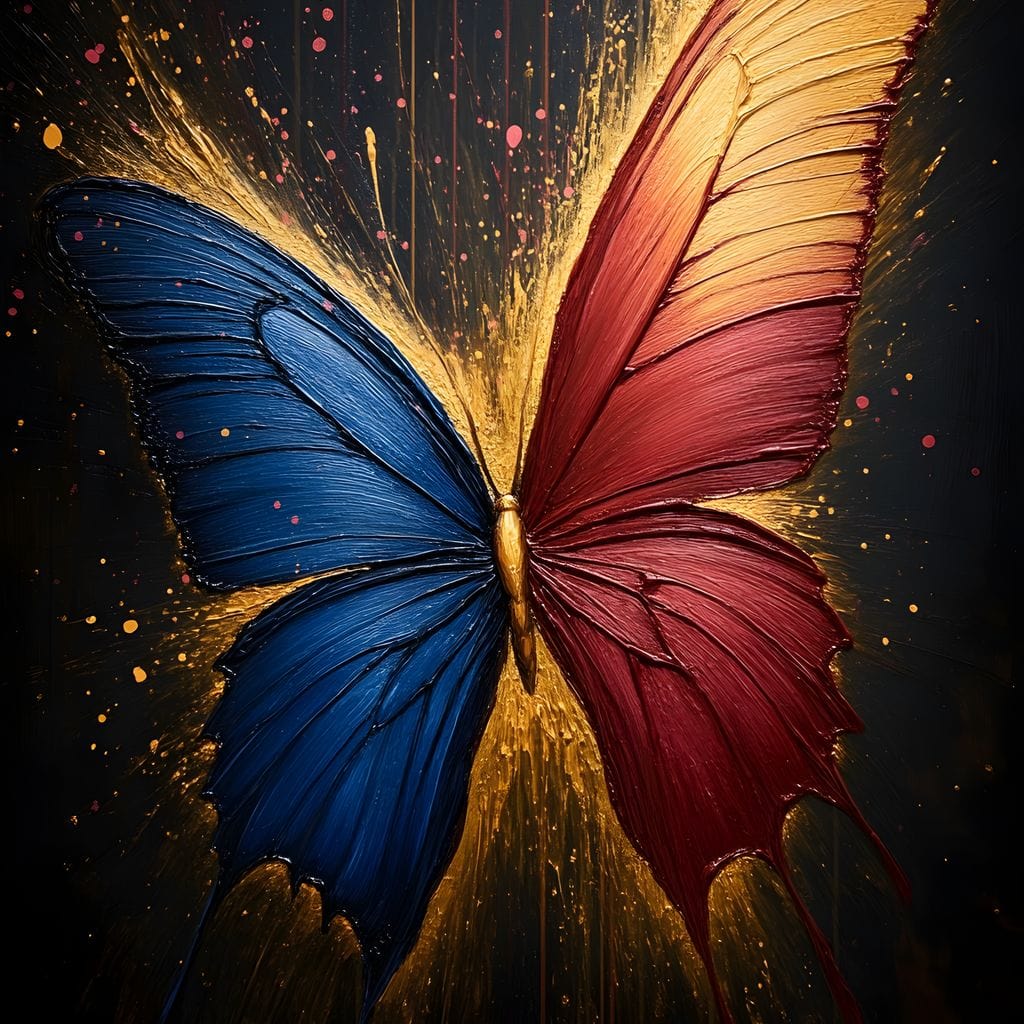 tablou canvas cu un fluture cu o aripa albastra si una rosie, in contur auriu pe fundal negru cu stropi de culoare