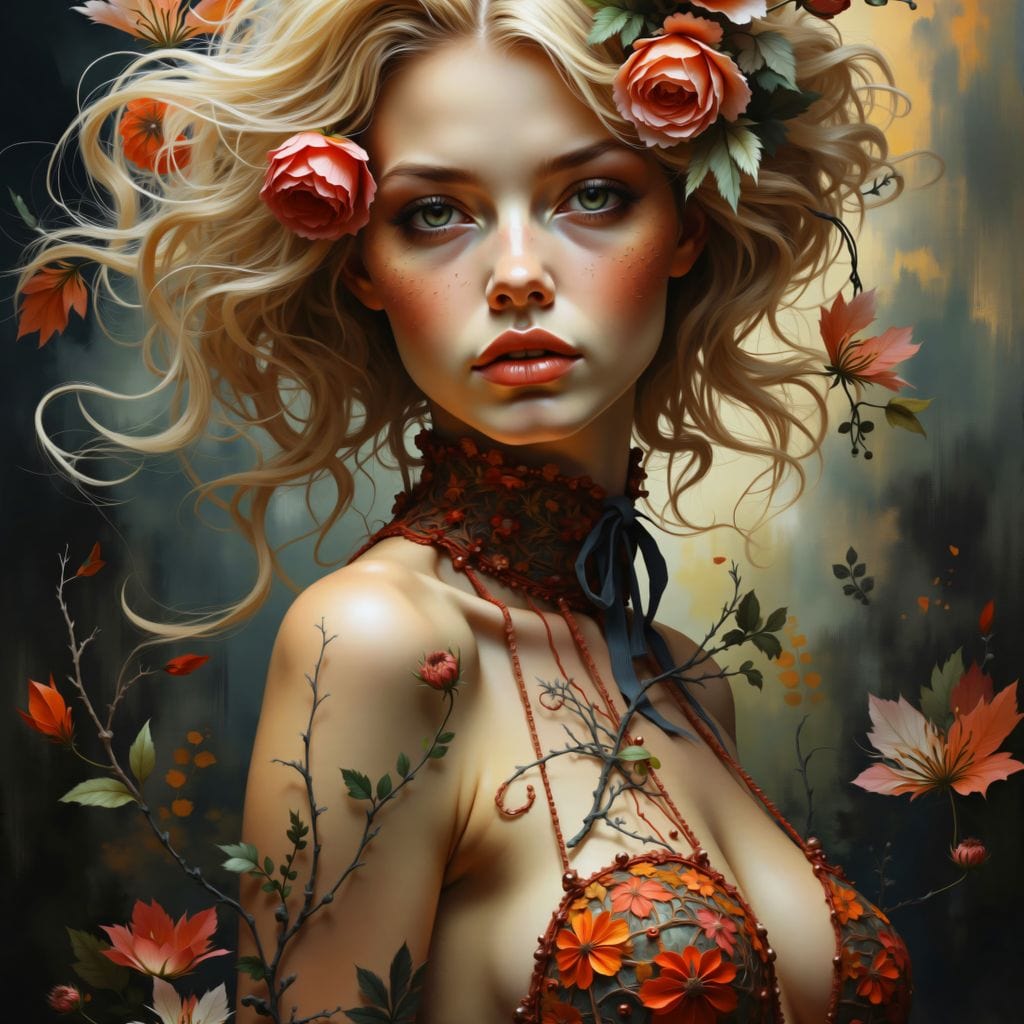 Tablou Canvas Premium, LuxCanva® G1167, Femeia din Padure, Fantastic, Flori, Natura, Romantic, Mistic, Zeita, Boem, Basm, Salbatica, Rochie, Florala, Contopire, Blonda, Birou, Living, Dormitor