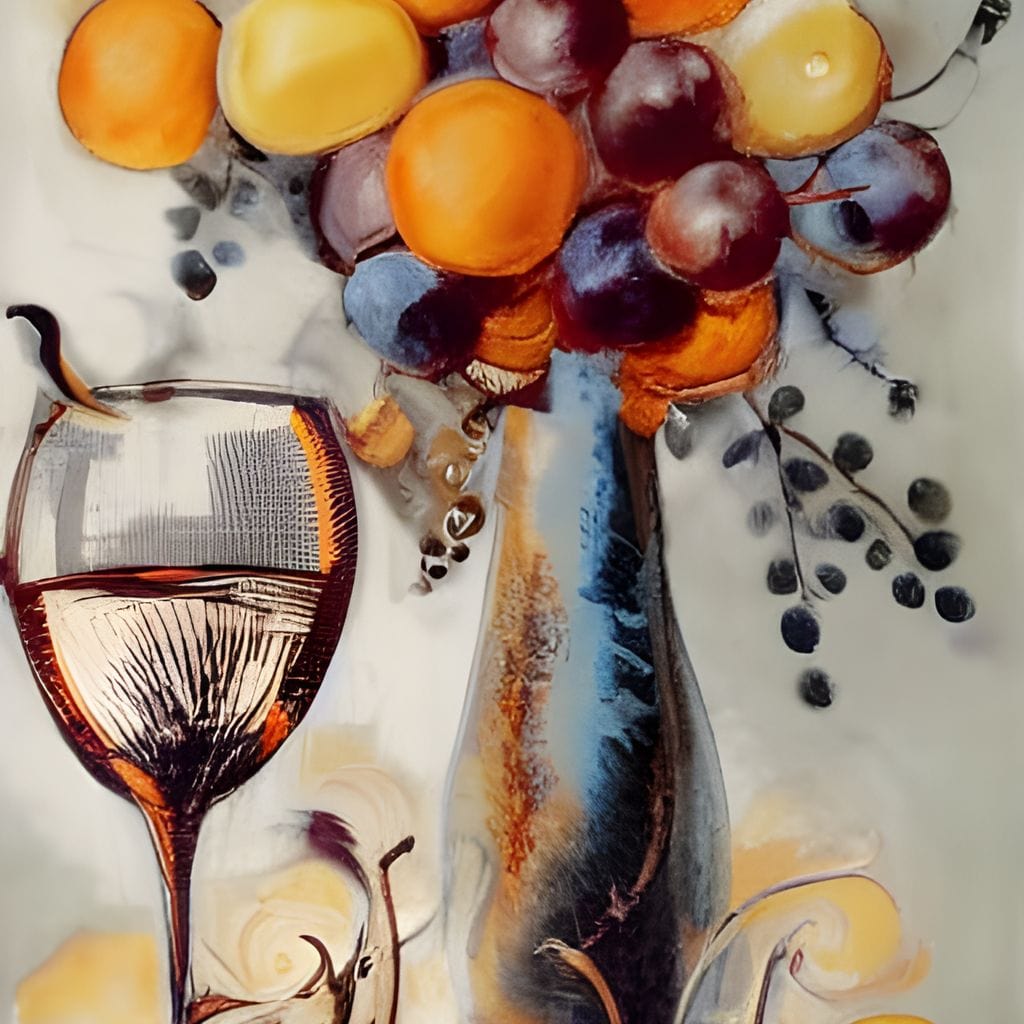 tablou canvas cu un pom fructifer si un pahar de vin, pictat in stil abstract pe fundal deschis