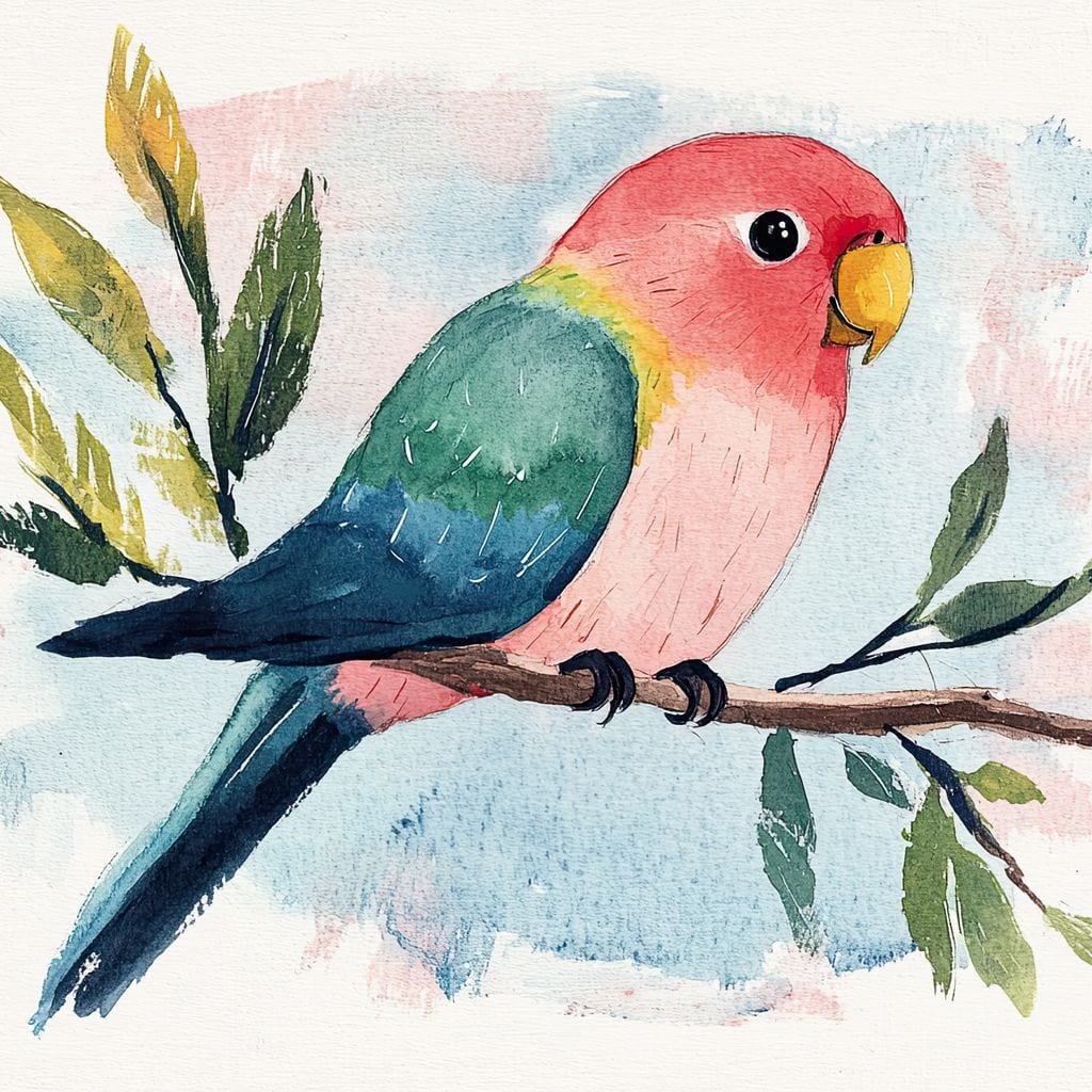tablou canvas cu un papagal mic si colorat pe o ramura, pe fundal pastelat stil acuarela