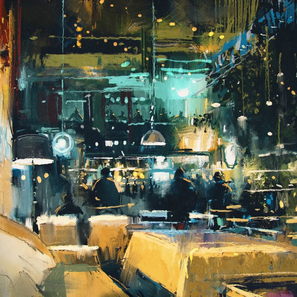 tablou canvas cu interiorul unui restaurant luminat spectaculos pe timp de noapte, pictat in nuante calde si reci