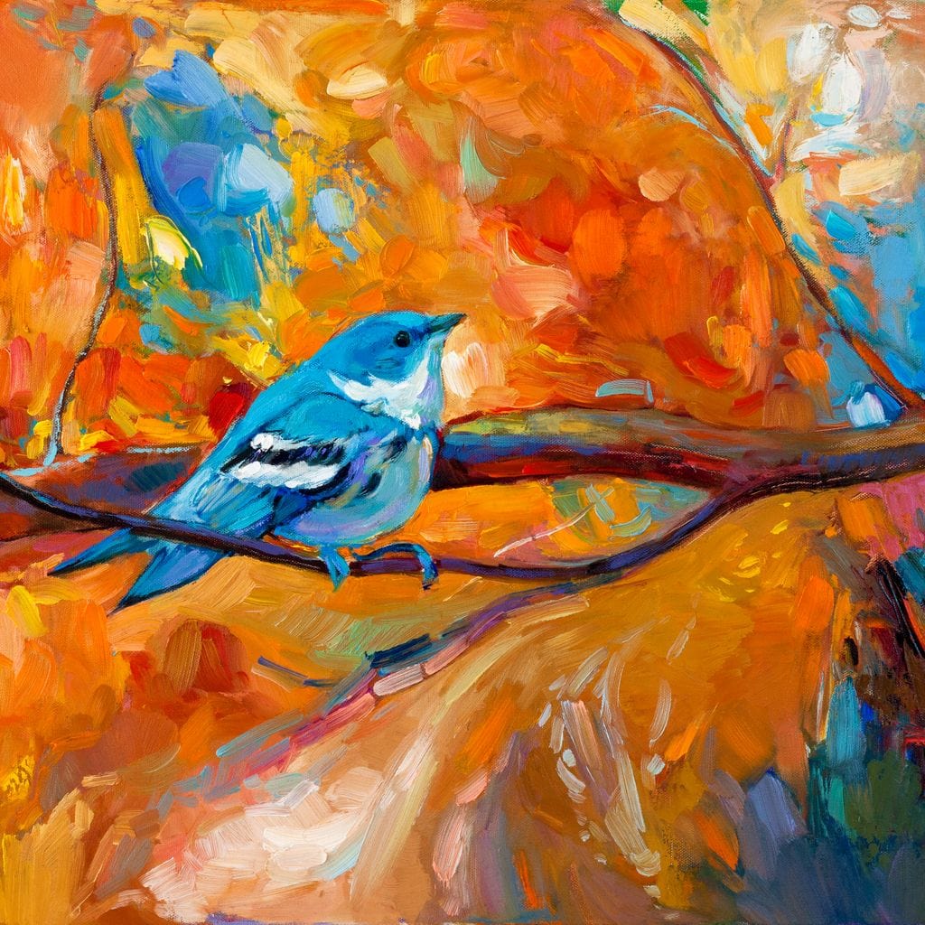 tablou canvas cu o pasare albastra pe creanga, in peisaj de toamna colorat