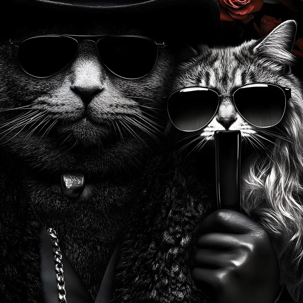 tablou canvas cu doua pisici imbracate in costume elegante, cu palarie si ochelari, pe fundal cu trandafiri rosii