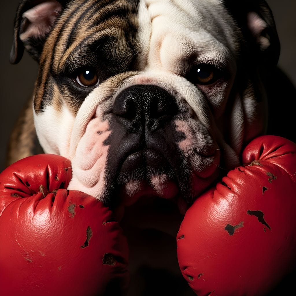tablou canvas cu un bulldog cu manusi de box rosii, pe fundal inchis