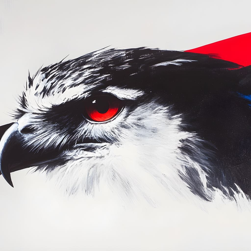 tablou canvas cu un cap de vultur cu ochi rosu, pe fundal alb cu linii diagonale in rosu, negru si albastru