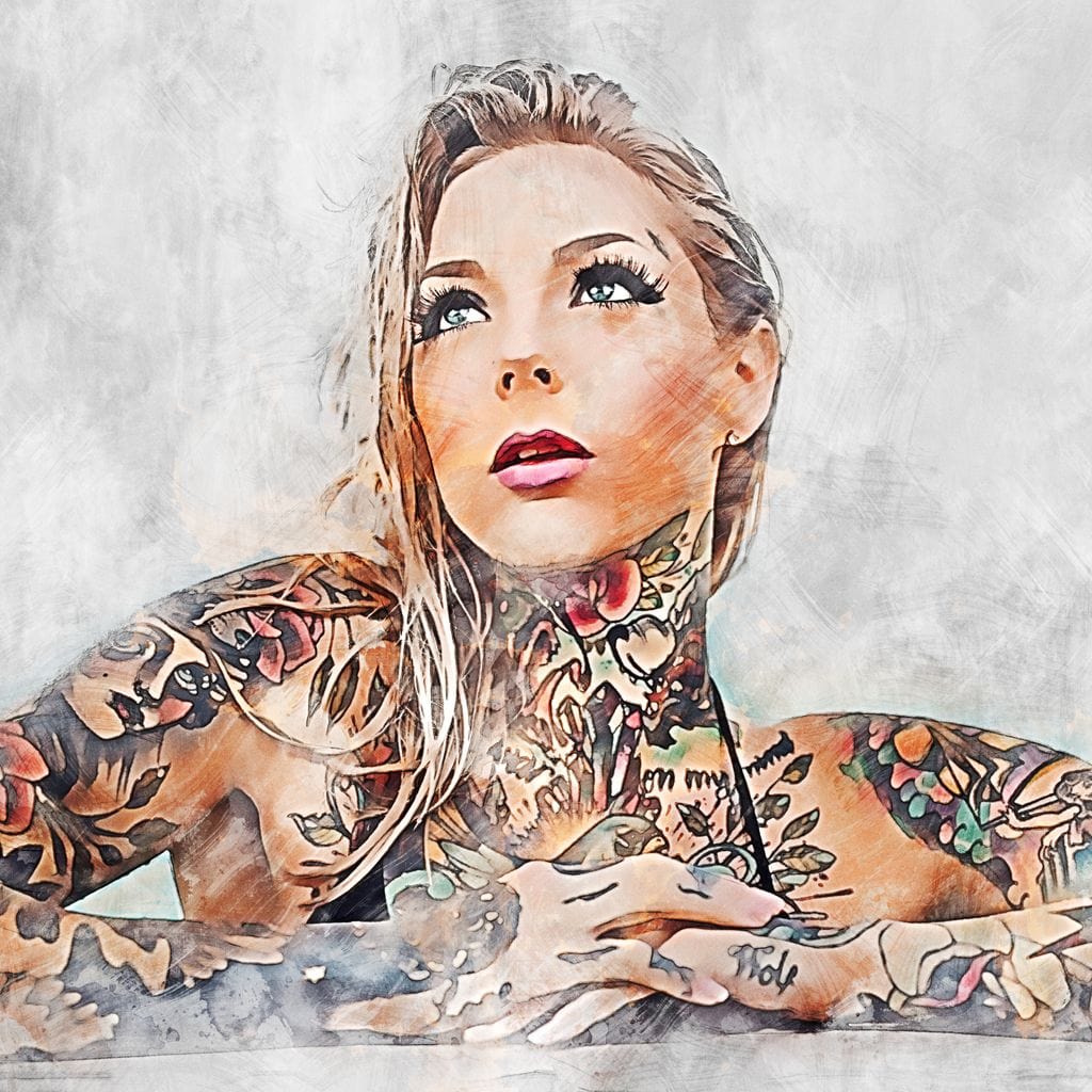 Tablou Canvas Premium, LuxCanva® G1097, Femeia cu Tatuaj, Pictura, Arta, Piele, Rebela, Cerneala, Artist, Interzis, Tatuator, Living, Dormitor