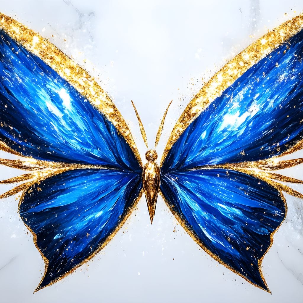 tablou canvas cu un fluture stralucitor cu aripi in nuante de albastru regal si auriu, pe fundal de marmura deschis