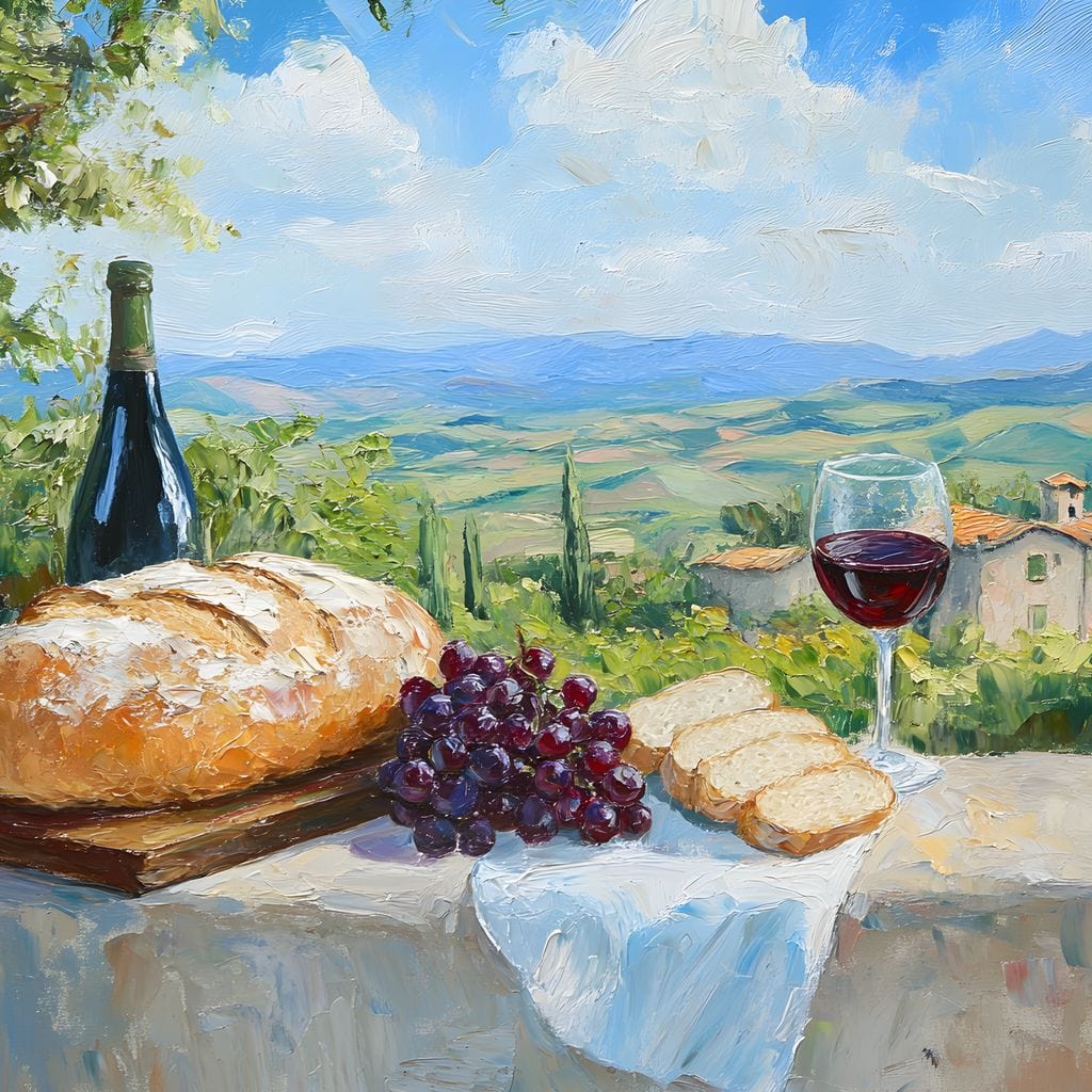 tablou canvas cu un peisaj rustic, cu paine, struguri, o sticla de vin rosu si un pahar pe o masa traditionala