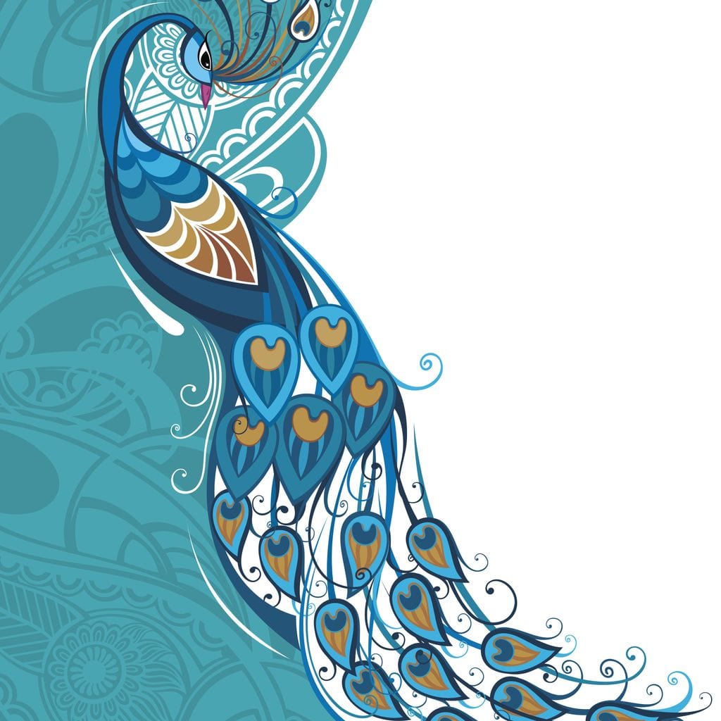 tablou canvas cu un paun albastru realizat in design abstract, pe fundal deschis in nuante de turcoaz si alb