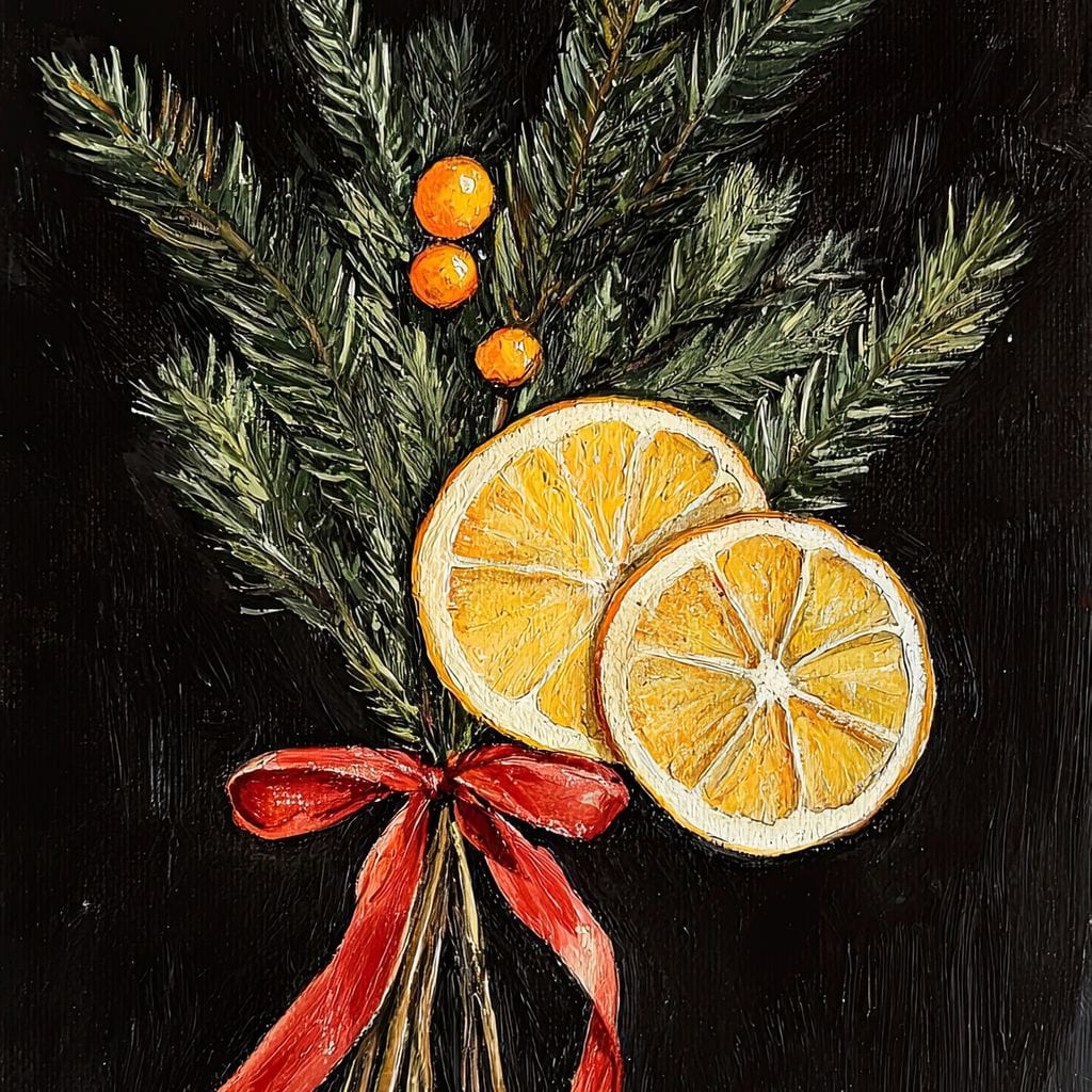 Tablou Canvas Premium LuxCanva® D1015, Ramuri Aromate de Brad , Ramuri, Brad, Portocale, Miros, Living Room, Culori vibrante