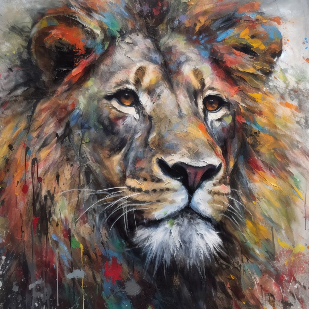 tablou canvas cu un leu pictat in pete de culoare, pe fundal deschis abstract